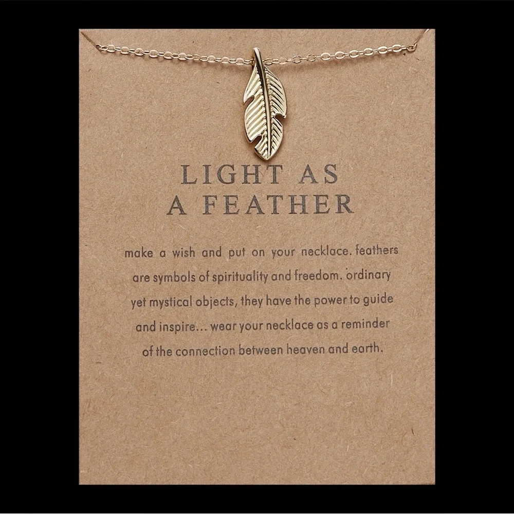 Feather Necklace Gold Jewelry Pendant w Light As A Feather wish card